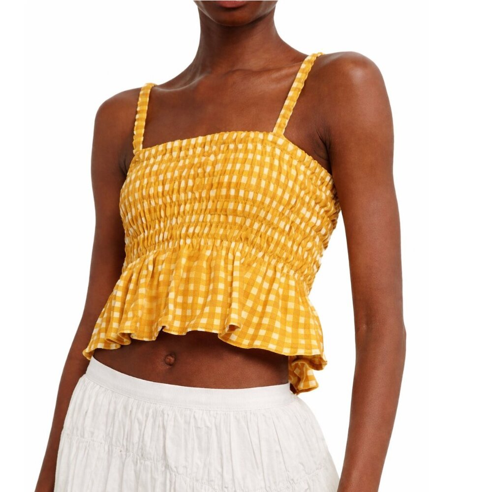 FAITHFULL THE BRAND Damita Shirred Tank Top Ruched Plaid Gold White Women's 10